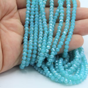 Perline di cristallo da 4 mm, 1 filo (140 pezzi), perlina di cristallo rondelle, perlina di cristallo a filo pieno sfaccettata, colore turchese, TS-722