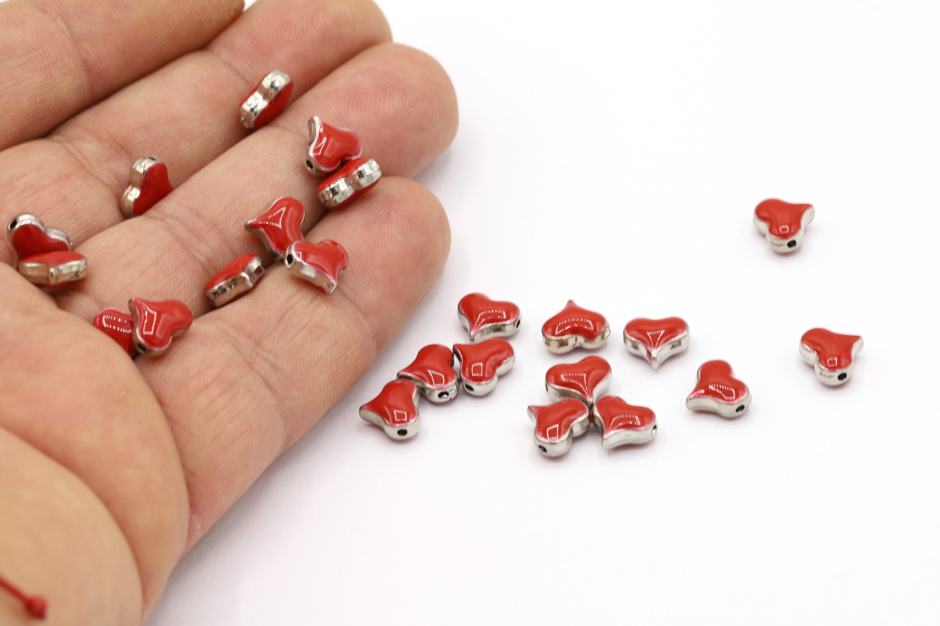 7x8mm Rhodium Plated Heart Charms, Mini Heart Pendants, Necklace Findings, Rhodium Plated Beads, Enamel Heart Charms, Heart Charm - RDM309-2