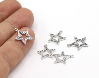 14,5x16,5mm Rhodium Plated CZ Micro Pave Star Pendant, CZ Pave Star Charms, Cubic Zirconia Star Charms, CZ Star Pendants - CZ513