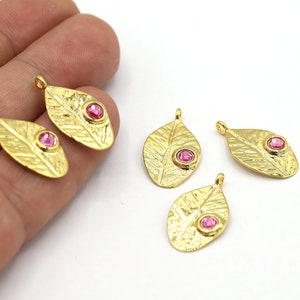 13x24mm 24 k Shiny Gold Plated Leaf Pendants, Gold Plated Leaf Charms, Leaf Pendants, Leaf Necklace, Leaf with Single Stone - GLD2237