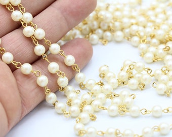 6mm 24 k Shiny Gold Plated Faux Pearl Chains , Pearl Bead Chains  - CHN91