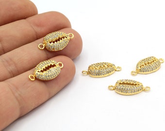 10x22mm 24 k Shiny Gold Plated CZ Micro Pave Shell Pendant , CZ Pave Shell Charms , Cubic Zirconia Shell bracelet  Charms - GLD1380-1