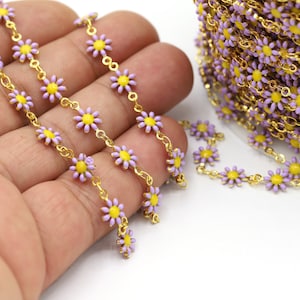 7.3mm 24 K Shiny Gold Plated Flower Chains, Foot Chains, Rosary Chain, Channel Set Chains,  Necklace Findings, Lilac Color Flower - CHN600