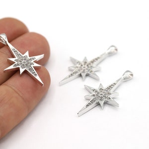 22x38mm Rhodium Plated CZ Micro Pave North Star Pendant, CZ Pave North Star Charms, Cubic Zirconia North Star Charms - CZ90