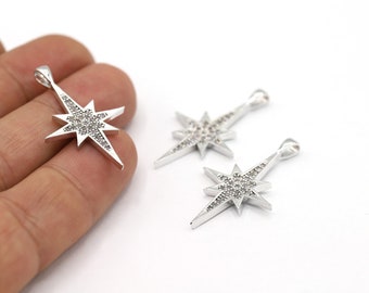 22x38mm Rhodium Plated CZ Micro Pave North Star Pendant, CZ Pave North Star Charms, Cubic Zirconia North Star Charms - CZ90