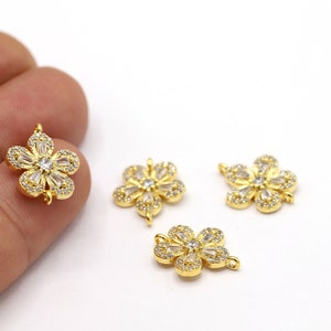 13,5x17,5mm 24 K Shiny Gold Plated Flower Charms, Flower Bracelet, CZ Flower Charms, Gold Plated Flower, Gold Plated Charms, CZ - CZ441
