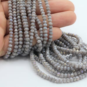 Perline di cristallo da 4 mm, 1 filo (140 pezzi), perlina di cristallo rondelle, perlina di cristallo a filo pieno sfaccettata, colore grigio, TS-723