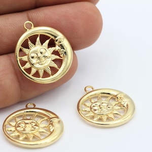 21x24mm 24 k Shiny Gold Plated Moon and Sun Face Pendant ,Sun Necklace, Moon Necklace ,Sun Pendants - GLD-997