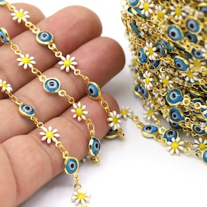 7.3mm 24 K Shiny Gold Plated Flower and Evil Eye Chains, Foot Chains, Channel Set Chains, Necklace Findings, Flower and Evil Eye - CHN605