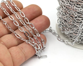 May include: A silver chain with oval links, shown on a hand and wound on a spool. The chain is a popular choice for jewelry making.