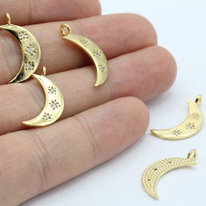 10X21mm 24 k shiny Gold Plated CZ Micro Pave Moon Pendant , CZ Pave Moon Charms , Cubic Zirconia Moon Bracelet Charms - GLD-945
