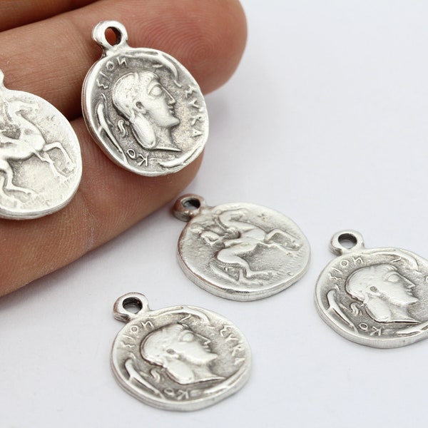 18x23mm Antique Silver Plated Greek Coins , Medallion Pendant  - TS341