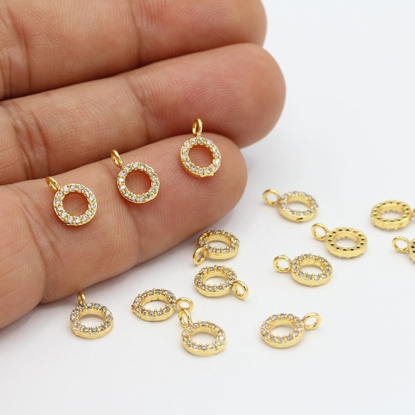 7x10mm 24 k shiny Gold Plated CZ Micro Pave Round Pendant , Pave Charms , Cubic Zirconia Charms - GLD-931