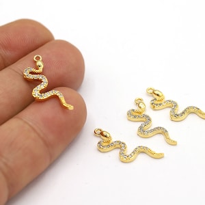 8x24mm 24 K Shiny Gold Plated CZ Micro Pave Snake Pendant, Snake Charms, CZ Micro Pave Snake Charm, CZ Snake Pendant, Gold Snake - CZ415