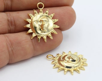 24x28mm 24 k Shiny Gold Plated Moon and Sun Face Pendant ,Sun Necklace, Moon Necklace ,Sun Pendants - GLD-996
