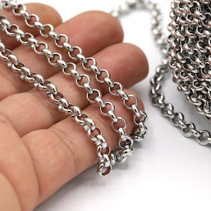 May include: A close-up of a silver chain, coiled and laid out on a hand. The chain is made of small, round links.