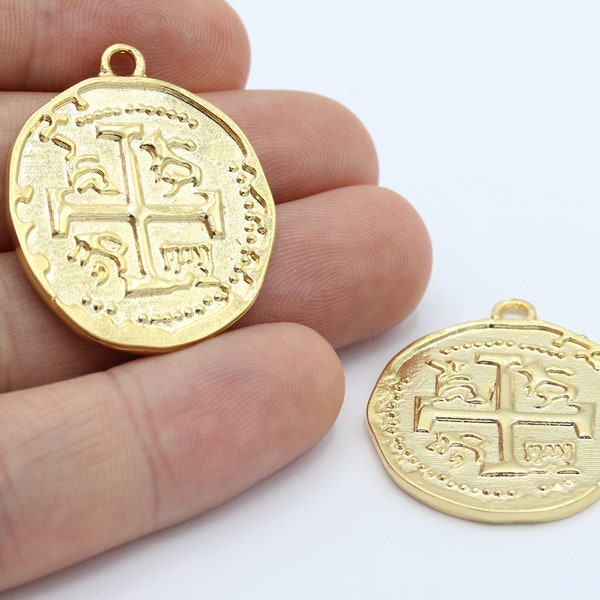 28x34mm 24 k Shiny Gold Plated Greek Coins cross pendant - GLD-946