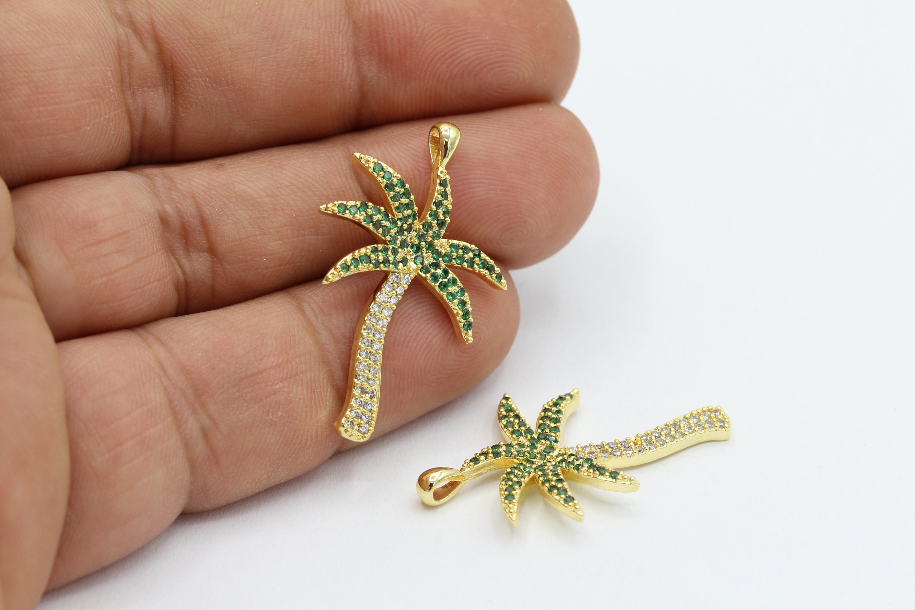 21x34mm 24 k Shiny  Gold Plated CZ Micro Pave Palm Tree Pendant , CZ Pave Palm Tree Charms , Cubic Zirconia Palm Tree Charms - CZ393