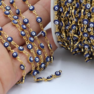 24 k Shiny Gold Plated Linked  Evil Eye Chains , Foot Chains , Rosary Chain , Channel Set Chains ,  Necklace Findings - CHN239