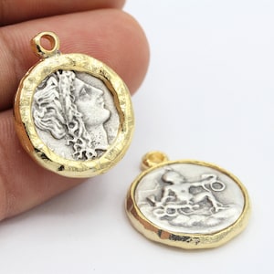 22mm 24 k Shiny Gold Plated And Antique Silver Plated  Medallion Pendants , greek coins  Necklace , Two Color Medallion - GLD989