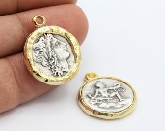 22mm 24 k Shiny Gold Plated And Antique Silver Plated  Medallion Pendants , greek coins  Necklace , Two Color Medallion - GLD-989