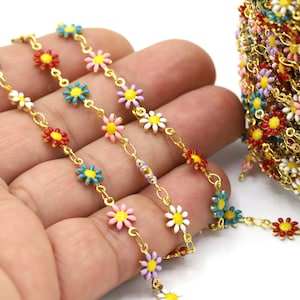 7.3mm 24 K Shiny Gold Plated Flower Chains, Foot Chains, Rosary Chain, Channel Set Chains,Necklace Findings, Mix Color Flower - CHN602