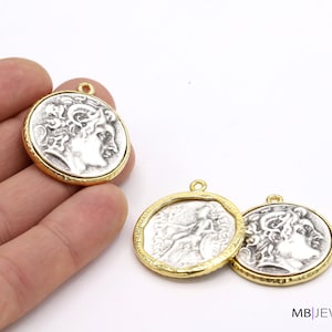 24 k Shiny Gold Plated And Antique Silver Plated  Medallion Pendants , greek coins  Necklace , Two Color Medallion,30x34mm - GLD1584