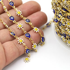 7.3mm 24 K Shiny Gold Plated Flower and Evil Eye Chains, Foot Chains, Channel Set Chains, Necklace Findings, Flower and Evil Eye - CHN604