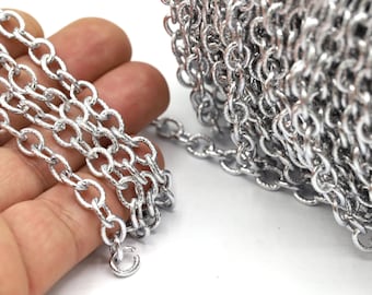 7mm Rhodium Plated Rolo Chains, Round Linked Chains, Ring Linked Chains, Patterned Round Chain, Rhodium Plated, Silver Color - CHN576