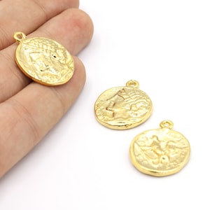 21x27mm 24 K Shiny Gold Plated Greek Coins, Medallion Pendant, Medallion Coins, Medallion Charms, Necklace Findings, Greek Pendant - GLD1617