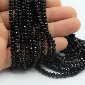 Perline di cristallo da 4 mm, 1 filo (140 pezzi), perlina di cristallo rondelle, perlina di cristallo a filo pieno sfaccettata, colore nero, TS-720