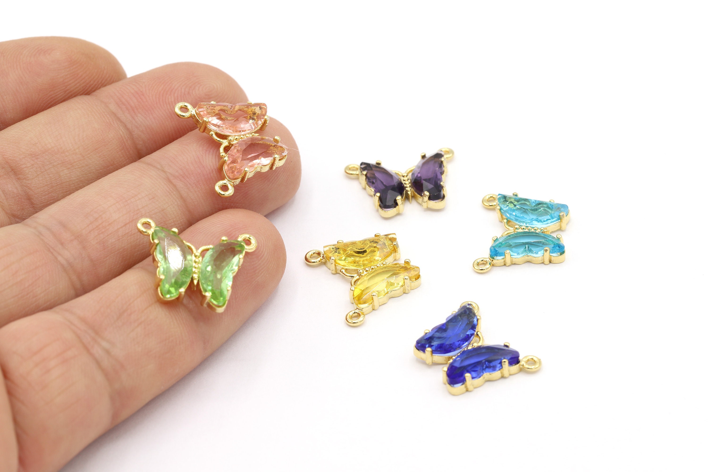 Vlinderbedels, 24-karaats glanzende vergulde vlinderhangers, minivlinder, kettingbevindingen, Emaye Butterfly, 15 x 15 mm, GLD1843