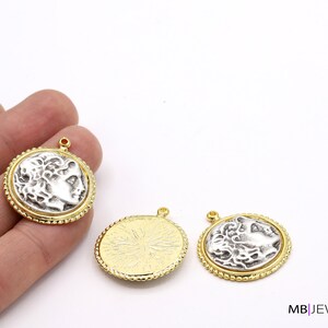 Two Color Medallion, 24 k Shiny Gold Plated And Antique Silver Plated  Medallion Pendants , greek coins  Necklace , 30x35 mm - GLD1587