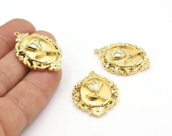 25 x 34 mm Breloques médaillon en plaqué or brillant 24 carats, médaillon plaqué or, breloques médaillon, pendentif médaillon, pendentif plaqué or - GLD2374