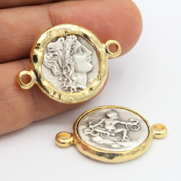 22mm 24 k Shiny Gold Plated And Antique Silver Plated Two Holes Medallion Pendants , greek coins  Bracelet , Two Color Medallion - GLD-988