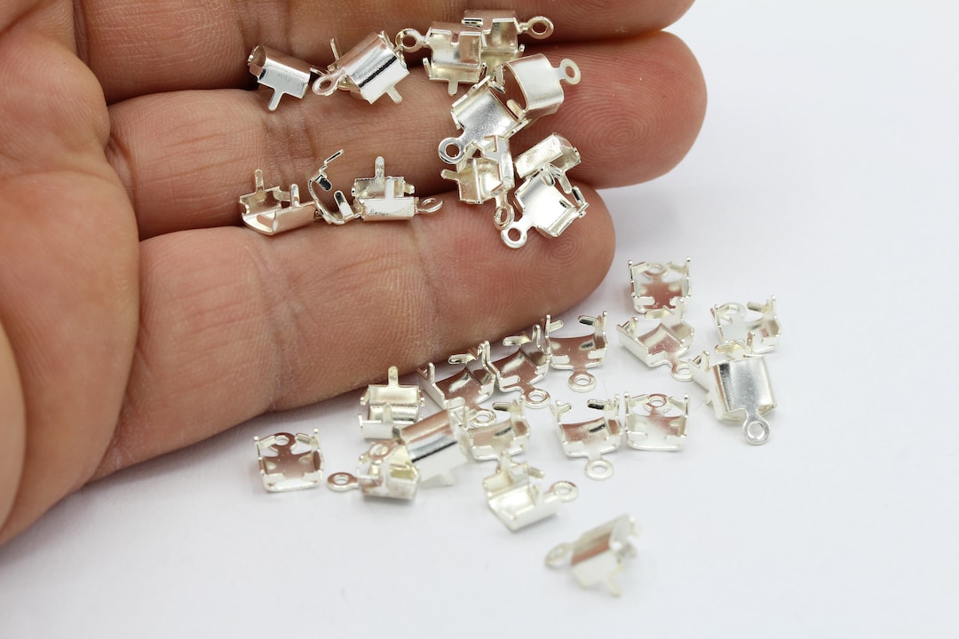 Silver Plated Rhinestone Chain Crimp End Connectors, Chain Cup