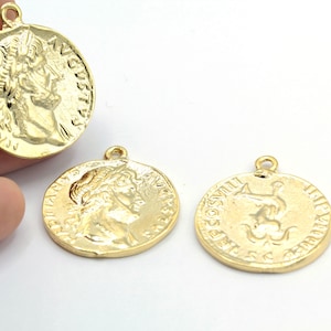 29x34mm 24 k Shiny Gold Plated Greek Coins, Medallion Pendant - GLD949