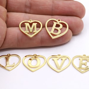 Shiny Gold Heart Letter Charms, Heart Letter Necklace, Name Necklace, Gold Plated Charm 24k 20mm - GLD270