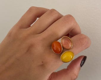 Adjustable Colorful Gemstone Ring | 14K Gold Plated Statement Ring | Multicolor Open Ring | Boho Cocktail Ring | Gift for Her
