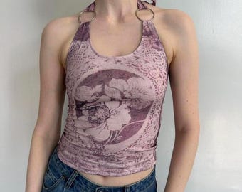 Y2K Floral Halter Top – Pink Lace Print Tank with Ring Detail, Coquette Aesthetic Top, 2000s Fitted Going Out Top