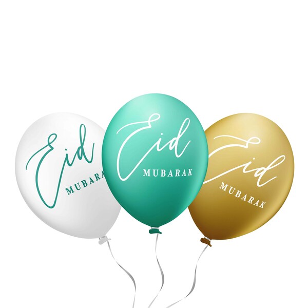 Eid Mubarak Cursive Balloons Set - 6 Balloons in Mint Green and Old Pink Styles - Elegant Decorations for Joyous Eid Celebrations!