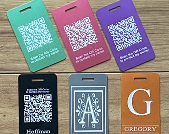 QR Code Personalized Aluminum Luggage Tags Monogram, Logo, Custom Favor Label, Travel, Sports, Bag, ID, Engraved, Special Order