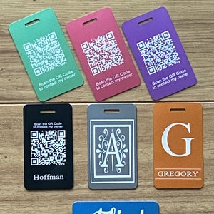 QR Code Personalized Aluminum Luggage Tags Monogram, Logo, Custom Favor Label, Travel, Sports, Bag, ID, Engraved, Special Order