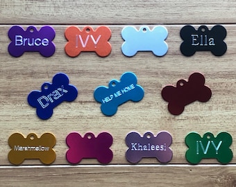 BONE Shaped Customized Engraved Personalized Pets Dogs Cats Medical Name Tags IDs Collars Single or Double Sided