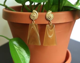 Gold Shell Post + Brown Marbled Trapezoid Square Acrylic Earrings | Statement Earrings