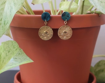 Blue Shimmer Acrylic Post + Brass Ocean Sunset Charm Earrings | Statement Earrings