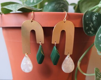 U-Shaped Brass + Green Diamond and Pearl White Teardrop Charm Acrylic Earrings | Lightweight Earrings | Statement Earrings