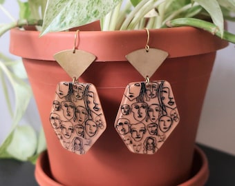Brass Triangle + Brown Printed Face Geometric Acrylic Earrings | Lightweight Earrings | Statement Earrings