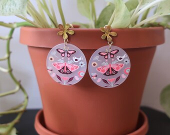 Brass Flower Post + Printed Butterfly Moth Flora Round Acrylic Earrings | Statement Earrings