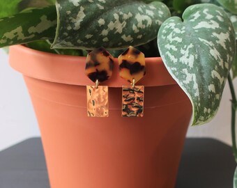 Tortoise Shell Acrylic Hexagon + Hammered Gold Rectangle Earrings | Lightweight Earrings | Statement Earrings